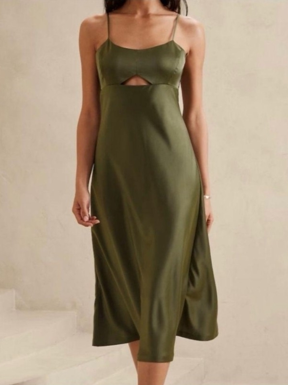 Banana Republic Olive Slip Midi Dress with Front Cutout